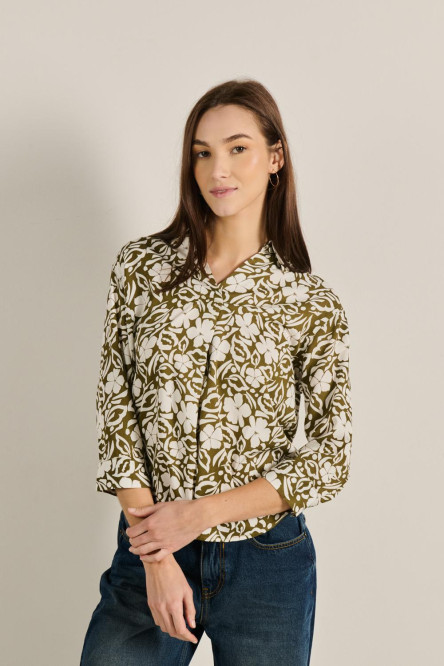 Blusa unicolor estampada con prense y manga 3/4