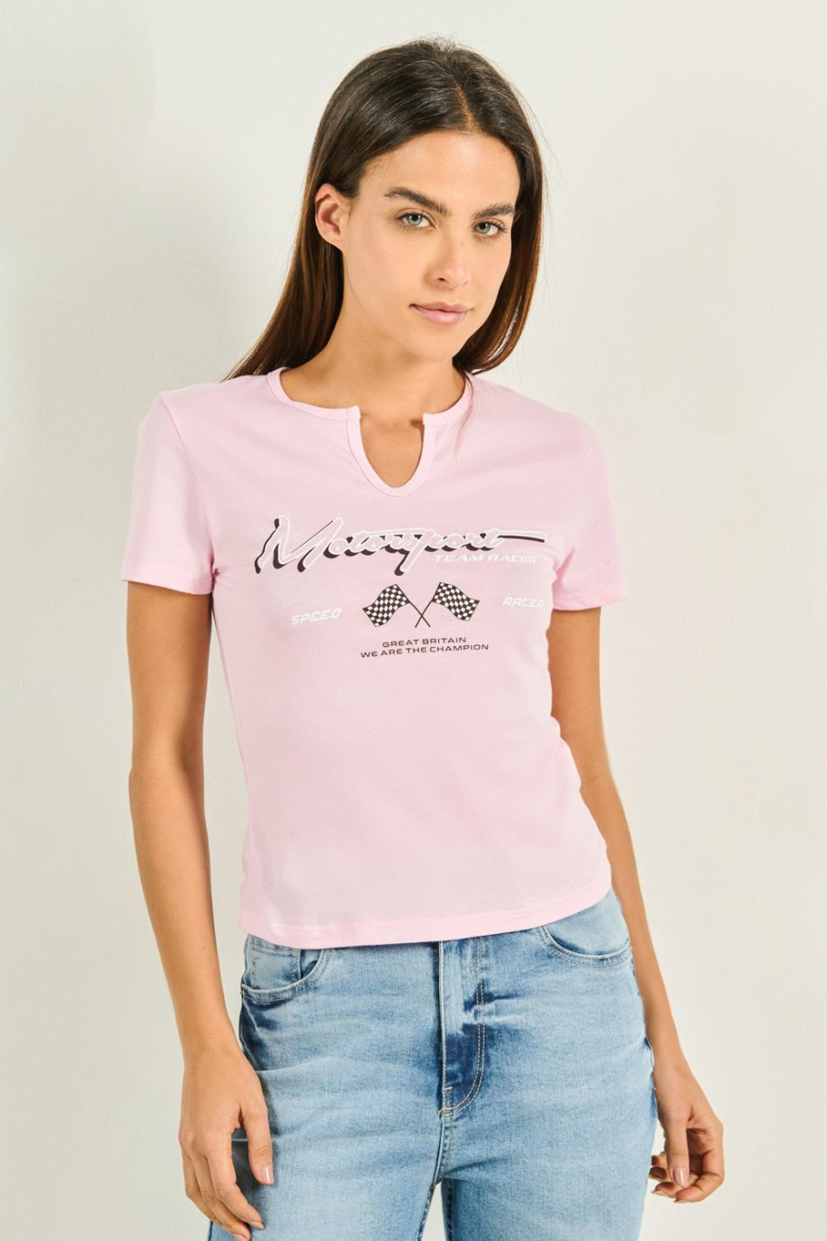 Camiseta unicolor manga corta con estampado racer en frente