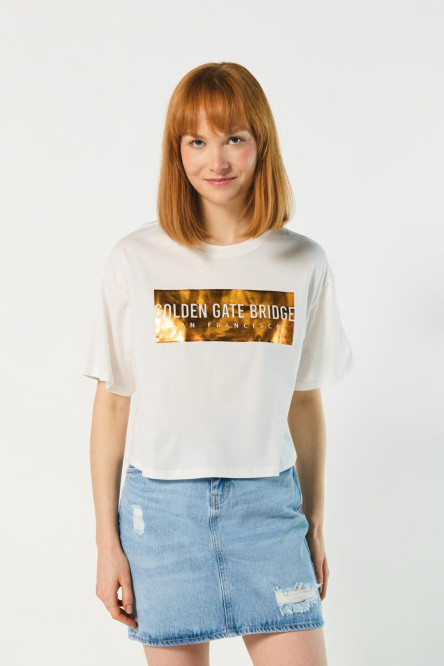 Camiseta oversize manga corta para mujer con estampación college