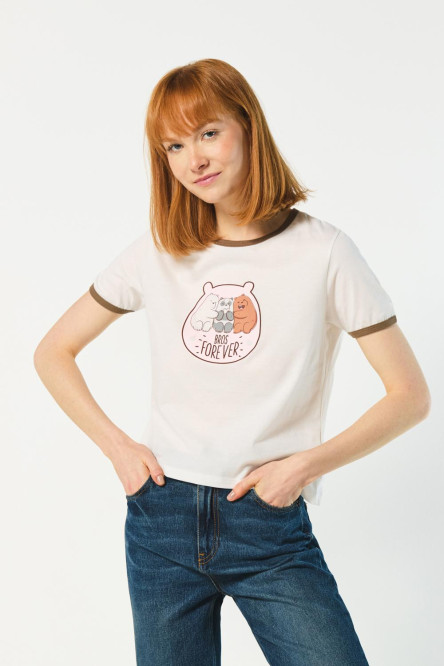 Camiseta para mujer con estampado en frente de Escandalosos manga corta, con  cuello y puños en rib en color contraste