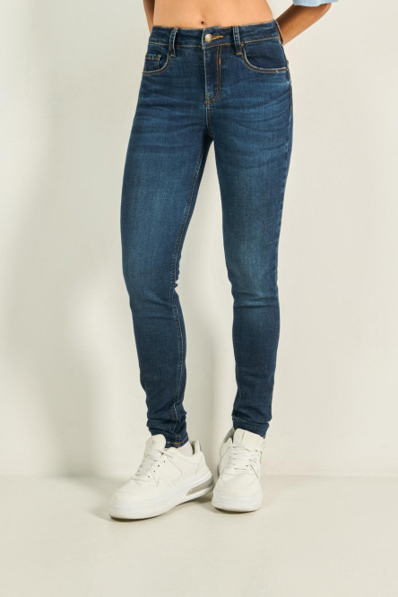 Jean jegging tiro alto azul oscuro con botón en cintura