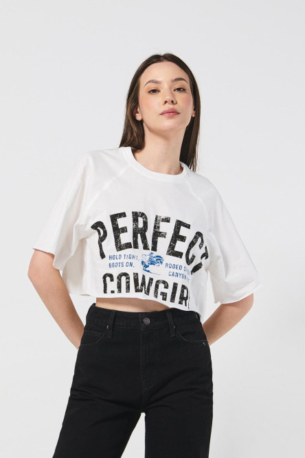 Camiseta oversize crop top crema con estampado vaquero