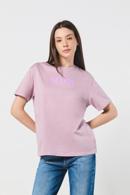 Camiseta unicolor para mujer manga corta estampada en  frente y espalda de La pantera rosa