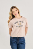 Camiseta crop top unicolor con arte college deportivo