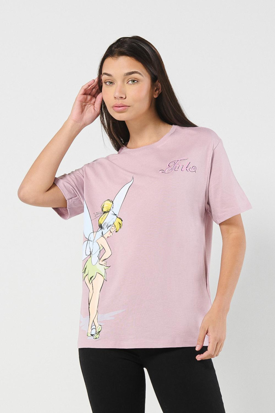 Camiseta unicolor para mujer manga corta estampada en frente de Tinkerbell