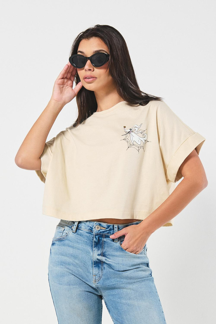 Camiseta crop top oversize kaki con diseños de Jack