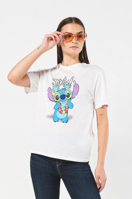 Camiseta unicolor para mujer manga corta estampada en frente de Lilo & Stitch, Disney.