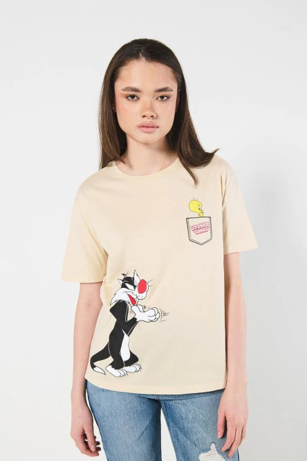 Camiseta kaki manga corta con diseño de Looney Tunes