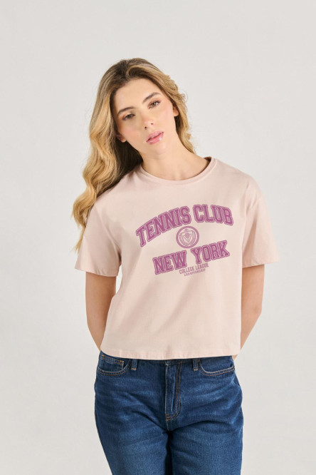 Camiseta unicolor crop top con texto college deportivo