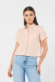 Blusa crop top unicolor con cuello camisero y manga corta