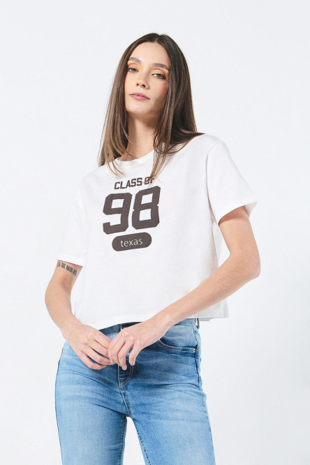 Camiseta crema clara crop top con estampado college