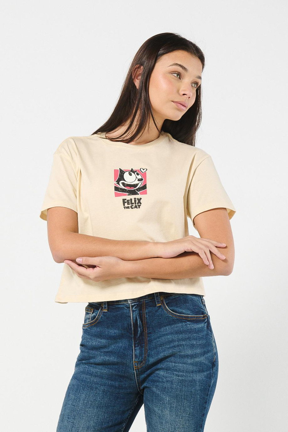 Camiseta crop top kaki clara con diseño de Félix el Gato