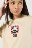 Camiseta crop top kaki clara con diseño de Félix el Gato