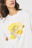 Camiseta oversize crema manga corta con arte de Tom y Jerry