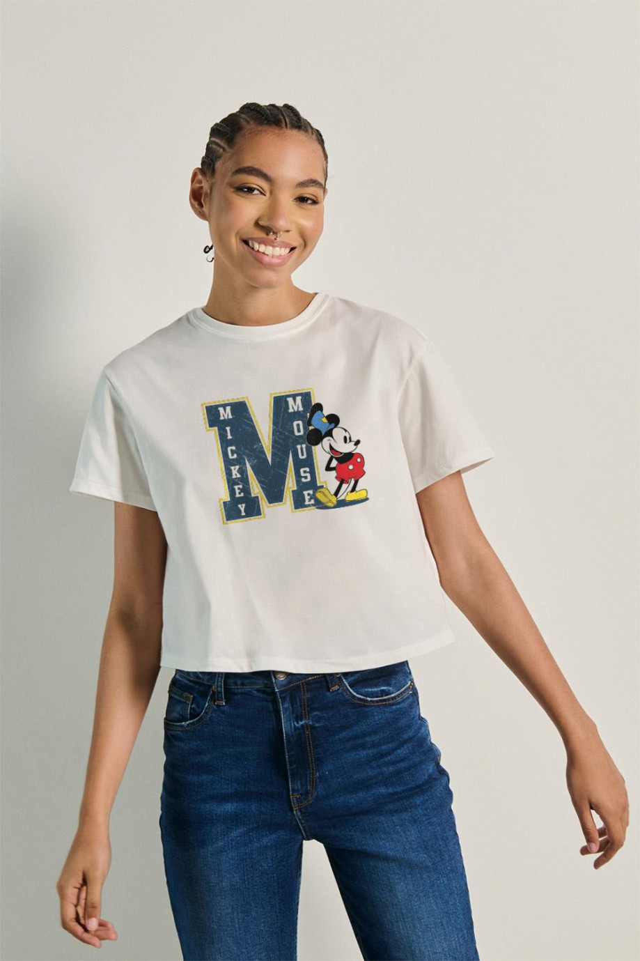 Camiseta unicolor crop top con estampado de Mickey