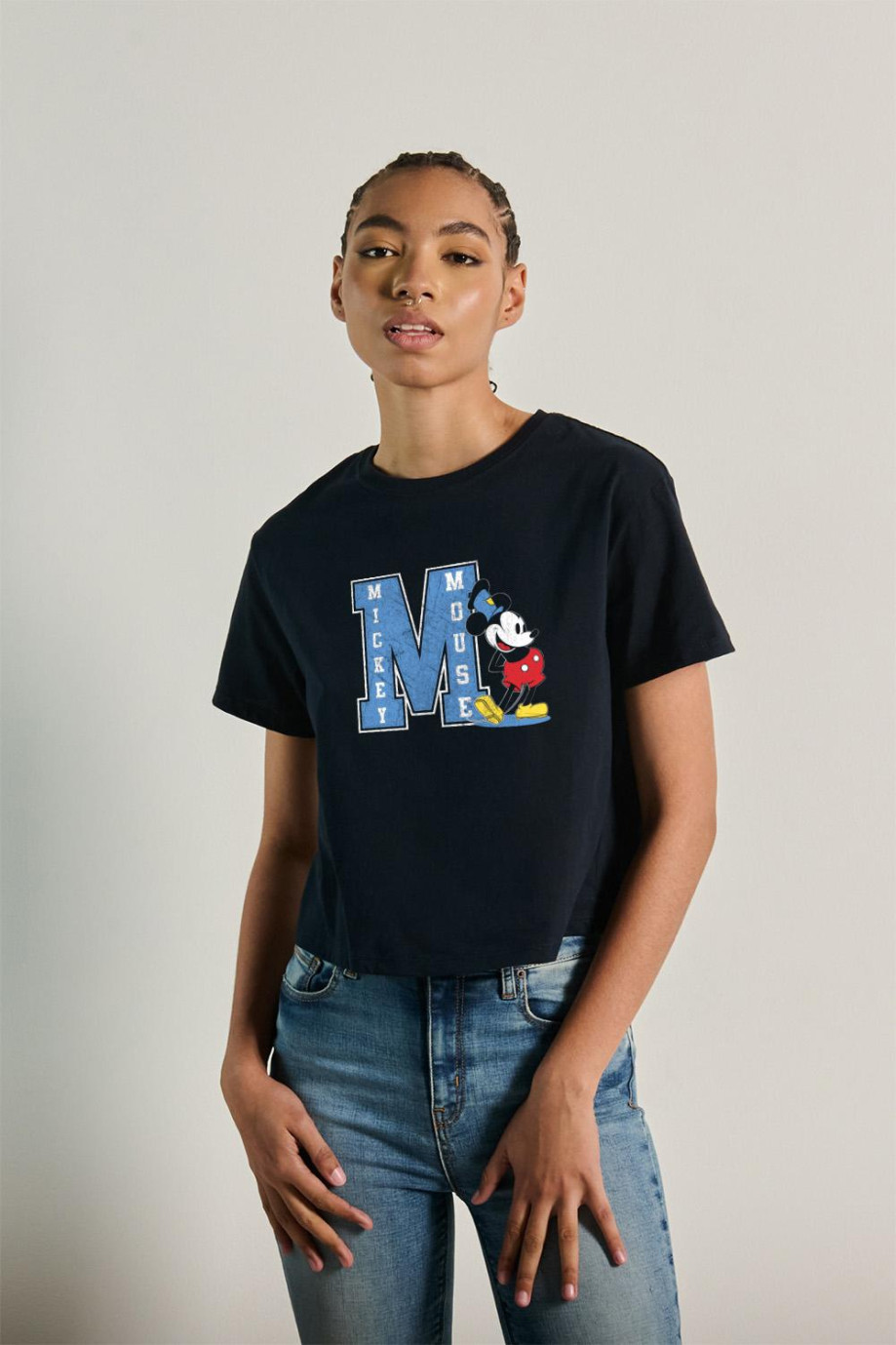 Camiseta unicolor crop top con estampado de Mickey