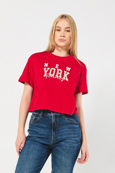 Camiseta para mujer manga corta unicolor, crop top cuello redondo, estampado en frente estilo College