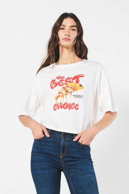 Camiseta oversize crop top crema con diseño de pizza