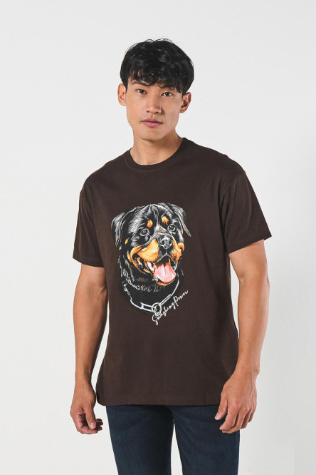 Camiseta unicolor con diseño de perro y manga corta