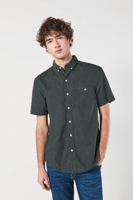 Camisa verde oscura con diseños de mini print y manga corta