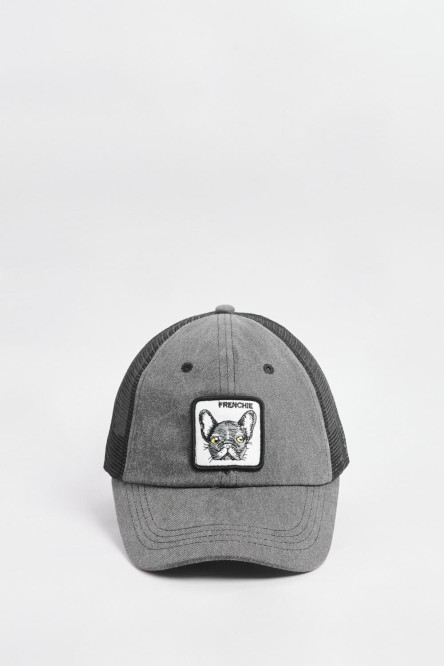 Cachucha trucker negra teñida con diseño de perrito