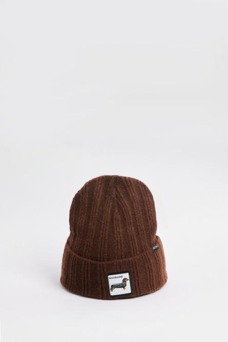 Gorro beanie, café y azul con bordado.