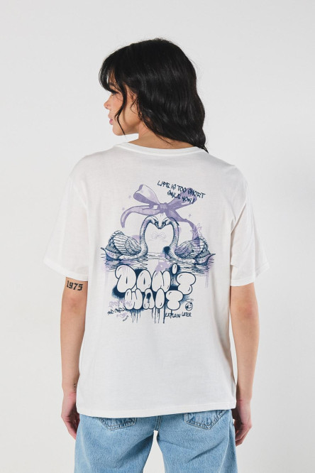 Camiseta unicolor para mujer manga corta estampada en frente y espalda