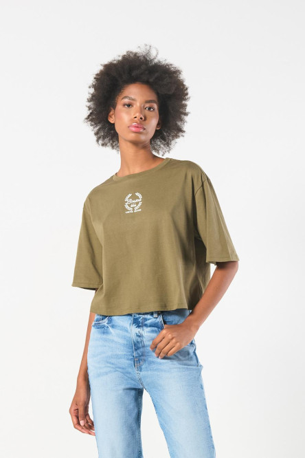 Camiseta para mujer, crop top oversize, unicolor, estampado en frente estilo College.