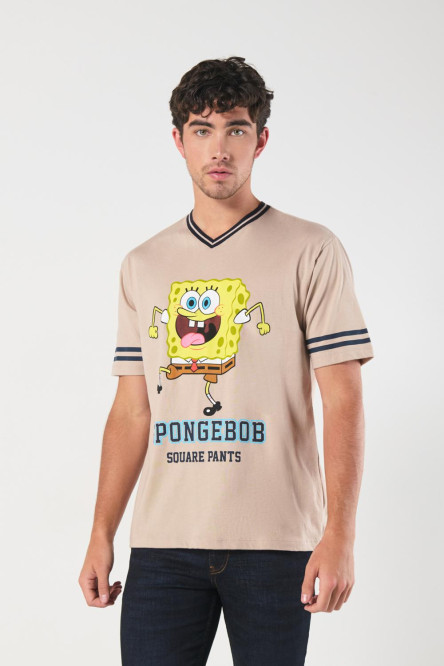 Camiseta cuello V kaki con arte de Bob Esponja