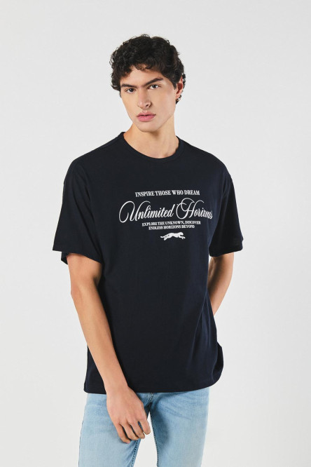 Camiseta azul oversize college con cuello redondo