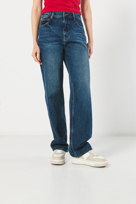 Jean azul oscuro 90´S con bolsillos, tiro alto y bota recta