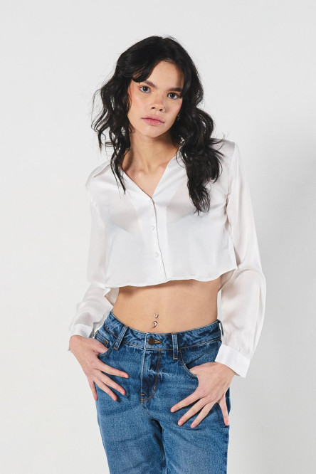 BLUSA CAMISERA CROP OVERSIZE MANGA LARGA.