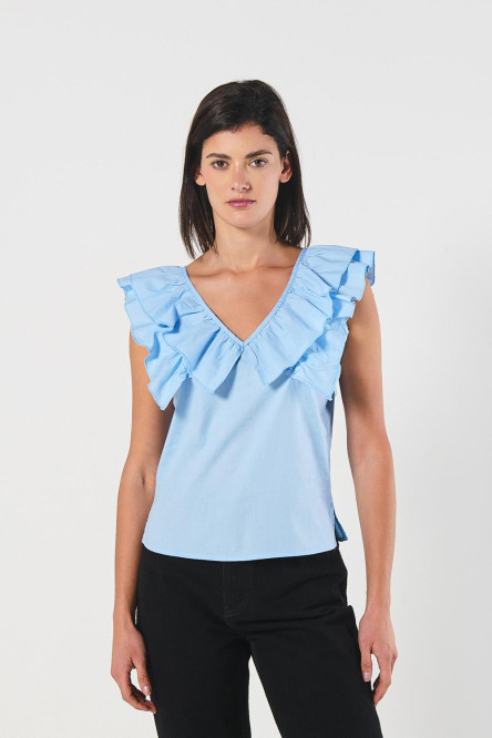 Blusa unicolor en algodón con golas y manga sisa