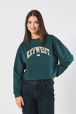 Buzo crop top verde oscuro college con cuello redondo