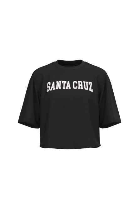 Camiseta crop top negra oversize con texto college blanco