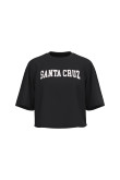 Camiseta crop top negra oversize con texto college blanco