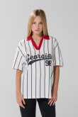 Camiseta oversize crema a rayas manga corta con arte college