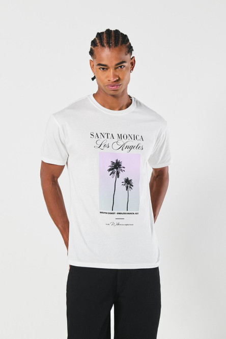 Camiseta manga corta crema clara con diseño de playa