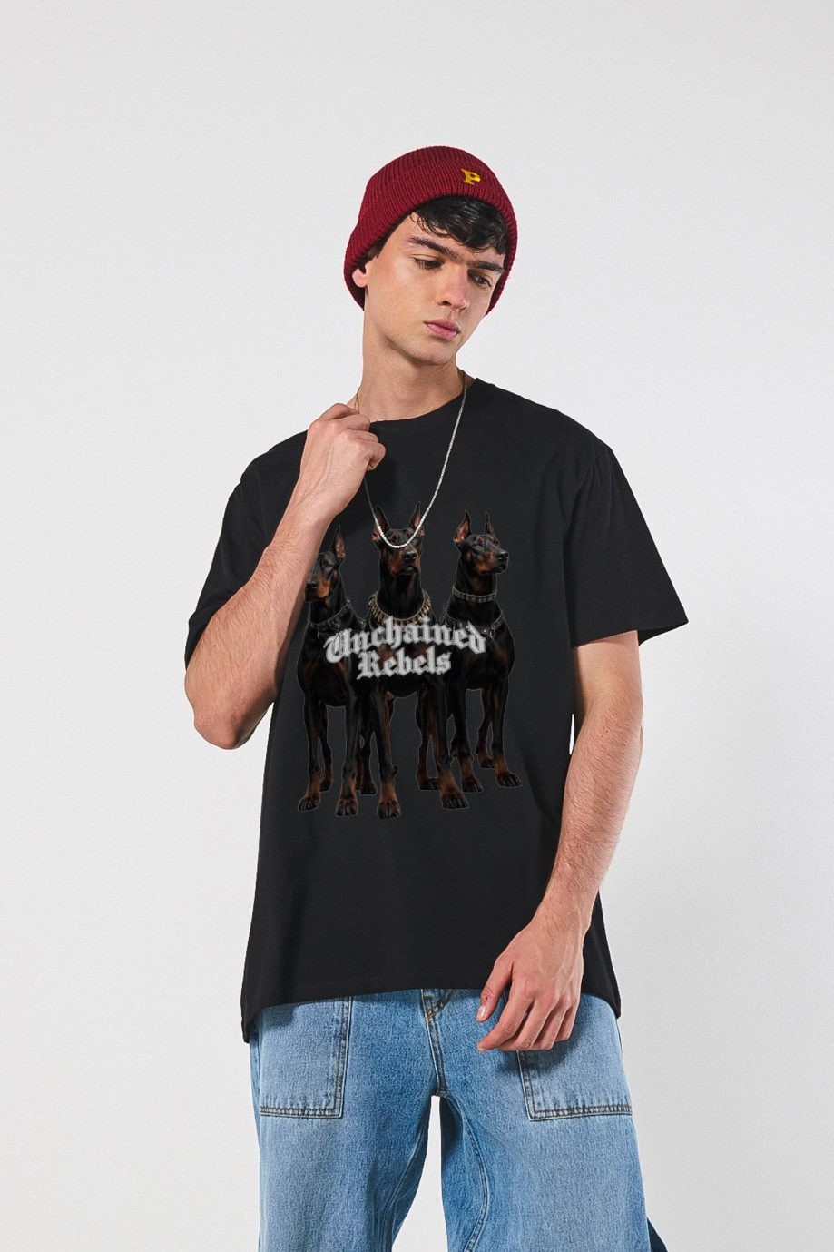 Camiseta oversize manga corta unicolor con diseño de perros