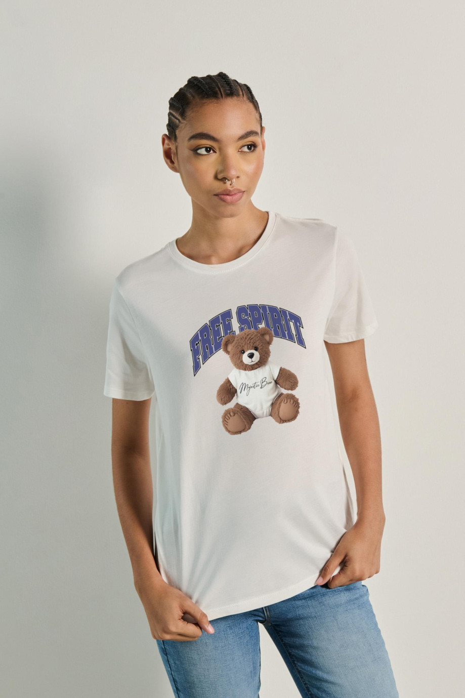 Camiseta en algodón unicolor manga corta con arte de osito
