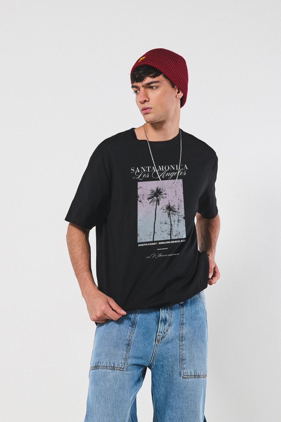 Camiseta unicolor oversize manga corta con diseño de playa