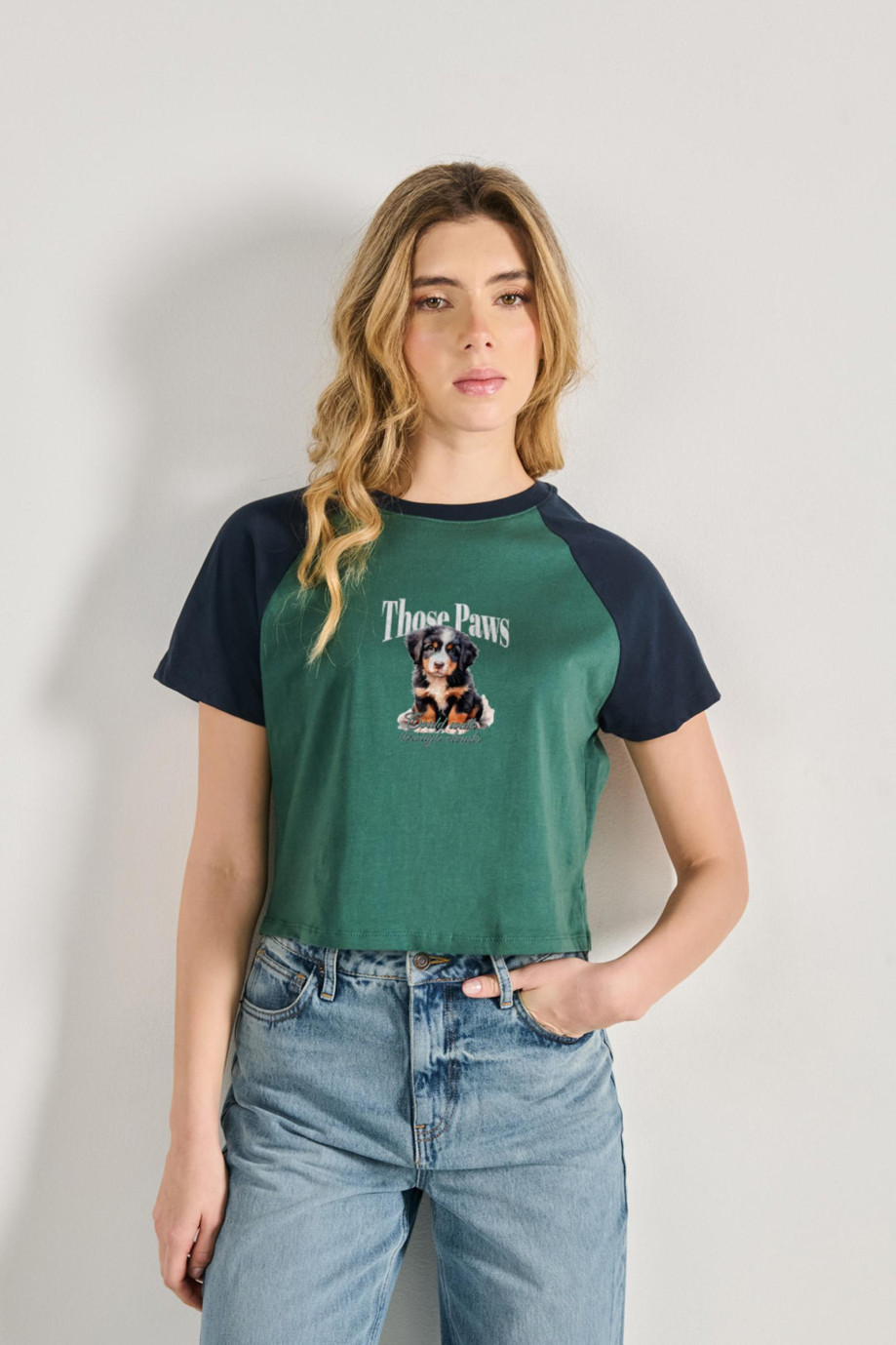 Camiseta manga ranglan unicolor con arte de perrito