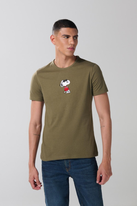 Camiseta unicolor cuello redondo con bordado de Snoopy