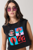 Camiseta manga sisa negra con estampado de Coca-Cola