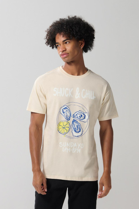 Camiseta cuello redondo kaki con diseño de comida
