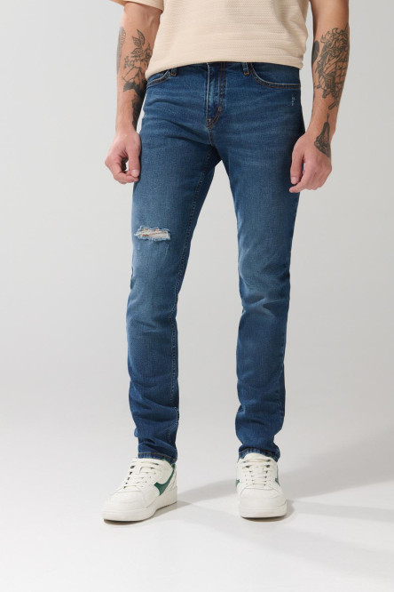 Jean azul oscuro slim con rotos y tiro bajo