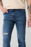 Jean azul oscuro slim con rotos y tiro bajo