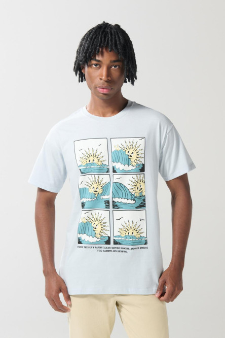Camiseta cuello redondo azul clara con arte de playa