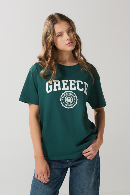 Camiseta cuello redondo verde en algodón college