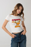 Camiseta en rib manga corta crema con diseño de Garfield